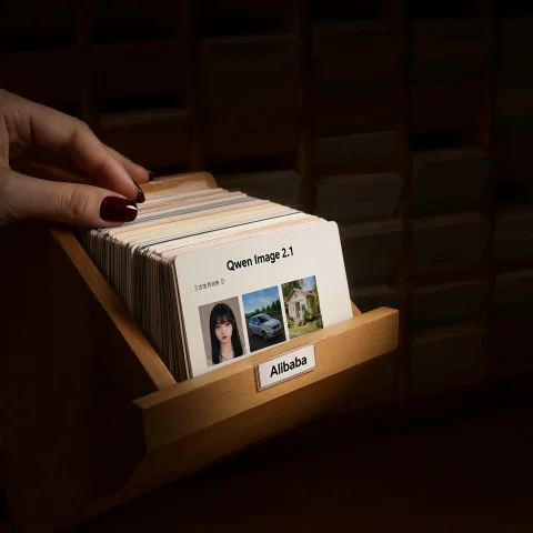 Wooden Library Card Index Tray Being Opened By A Female Libr... — Stable Diffusion AI Prompt: Wooden library card index tray being opened by a female librarian with dark red...
