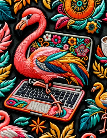 Hyper-detailed Embroidered Patch Showing A Gigantic Pink Fla... — SDXL AI Prompt: Hyper-detailed embroidered patch showing a gigantic pink flamingo working from h...
