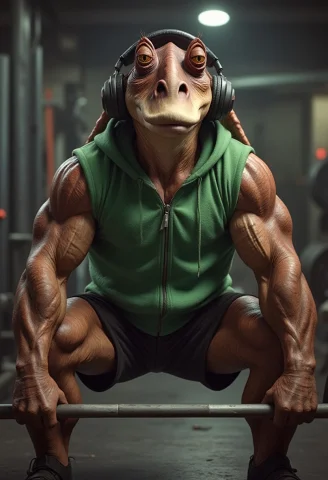 An Extremely Muscular, Over-the-top, Roided-out Gungan In A... — FLUX AI Prompt: An extremely muscular, over-the-top, roided-out Gungan in a trendy, vibrant gree...