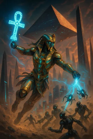 A Futuristic Egyptian Warrior Leaps Through The Air In A Dyn... — Stable Diffusion AI Prompt: A futuristic Egyptian warrior leaps through the air in a dynamic pose, mid-battl...