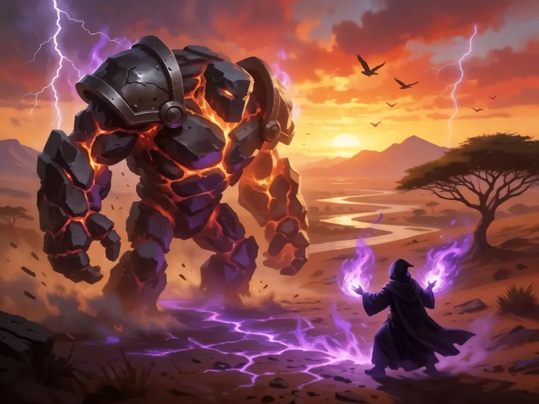 Lava Golem Facing Hooded Mage With Purple Flames Sunset Sava...