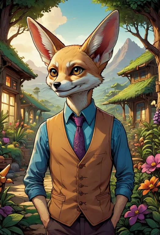 Fennec Fox, Vest, Smug, Fantasy Garden Background, Funny, Sa...
