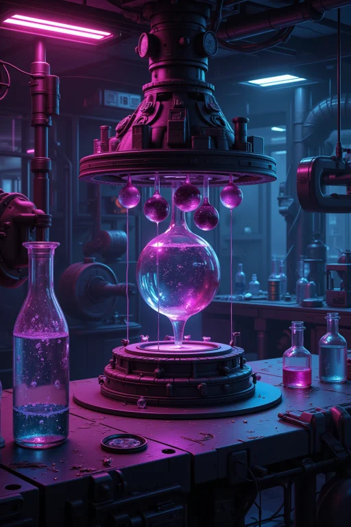 Sci-fi Style, Dimly Lit High-tech Lab With Neon Pink And Blu...