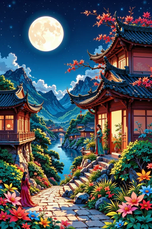 An Oriental House Beautiful Landscape, Evening, Woman, Very...