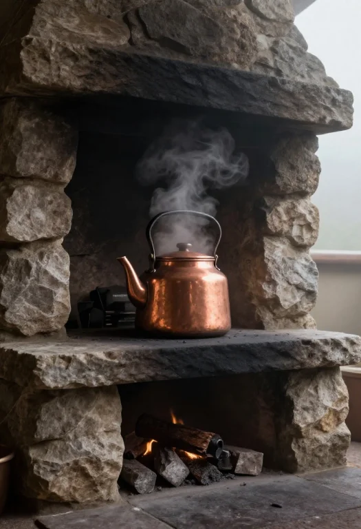 A Copper Kettle Steaming On A Stone Hearth, Physically Based...