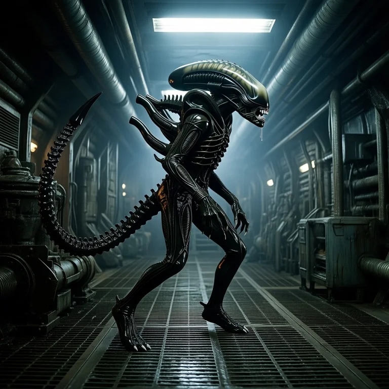 Catusmorph, Xenomorph, Alien. Xenomorph Stands In A Dimly Li...