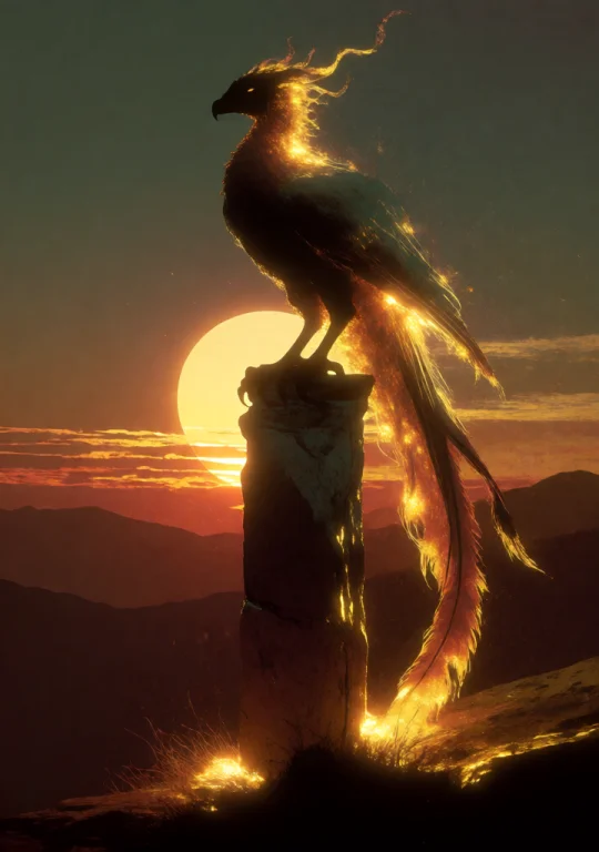 A Phoenix Perched On A Broken Stone Pillar At Dusk With Its...
