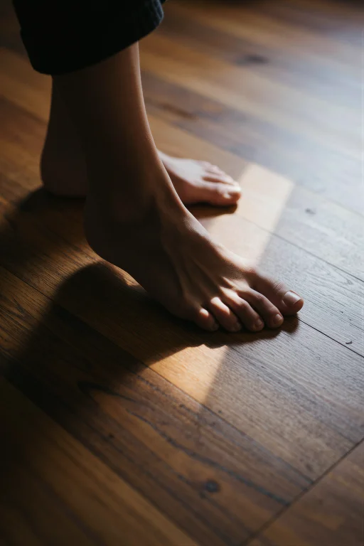 A Woman Steps Barefoot Onto A Sunlit Wooden Floor, Her Foot...