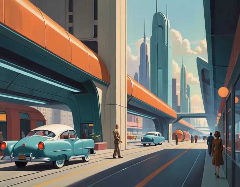 A Futuristic Cityscape Imagined In The 1950s, With Flying Ca...