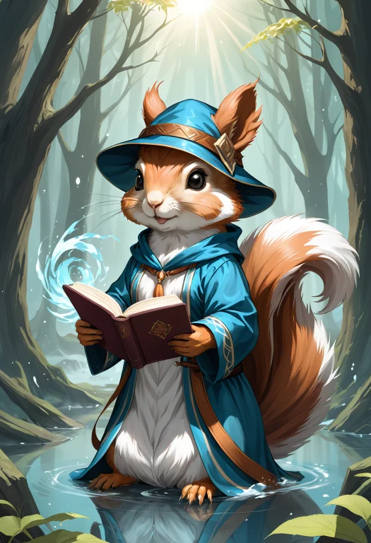 Digital Art, A Cute Squirrel Mage, Mystical Aura, Reading A...