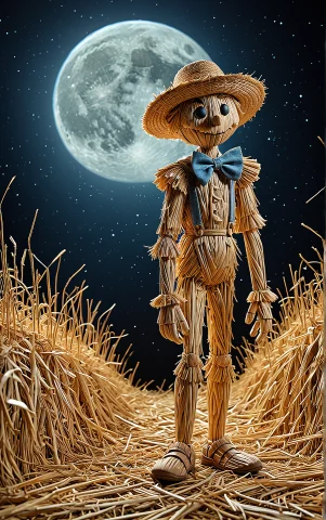 A Straw Wooden Pinocchio Puppet Walking Through A Grainfield... — Stable Diffusion AI Prompt: A straw wooden Pinocchio puppet walking through a grainfield, smiling, straw hat...