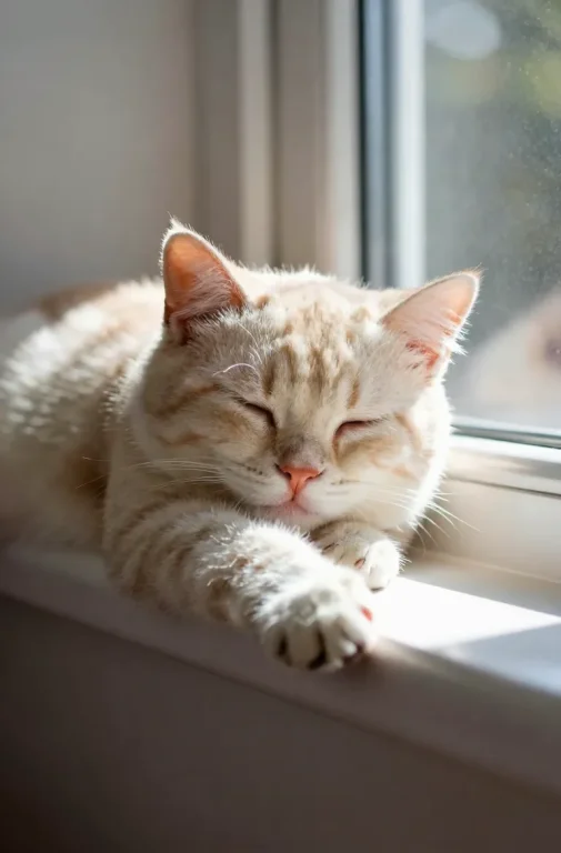 A Fluffy Cream Kitten Sleeps Peacefully On A Windowsill Bath...