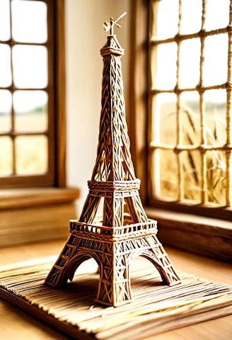 A Miniature Eiffel Tower Constructed Completely Out Of Bound... — SDXL AI Prompt: A miniature Eiffel Tower constructed completely out of bound golden straw and wo...
