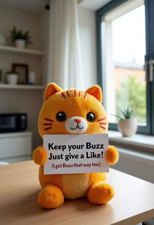 A Cute Plush Cat, Holding A Sign That Says Keep Your Buzz. J...