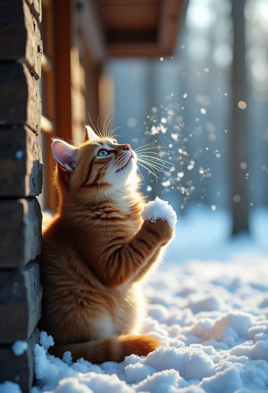 Fluffy Cat Catches Huge Big Snowflakes Sitting On The Porch...