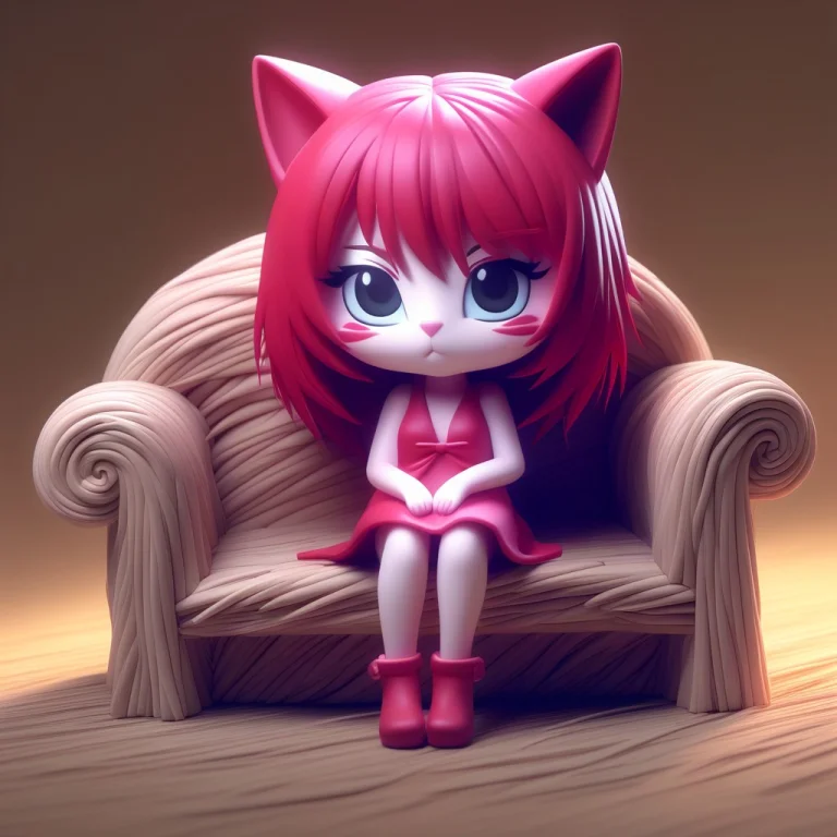A 3d Chibi Anime Red Hair Cat Girl Sit On Straw Sofa Made Of...