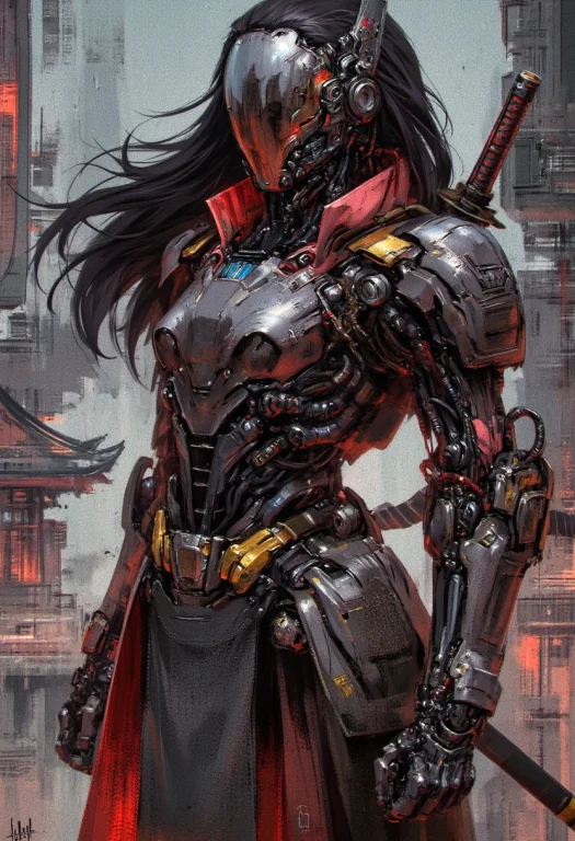 In The Style Of Ck-sfc, Female Cyberpunk Robot Samurai, Robo...