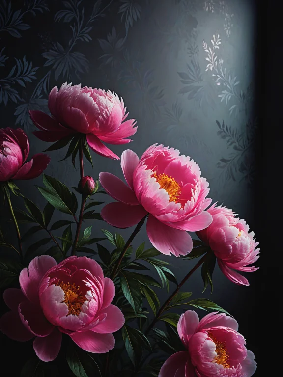 Impactful Color Paint Of Flowers Painted On A Dark Wall With...