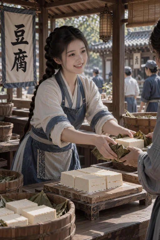 豆腐铺的木柜台后，一名年轻中国女子弯腰整理刚切好的豆腐，身体...