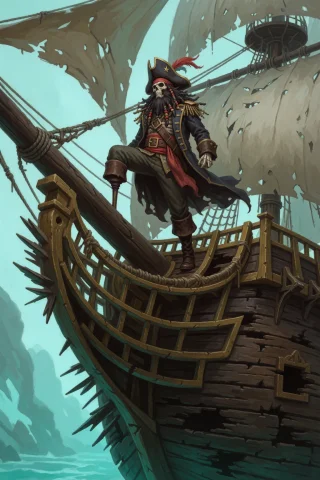 Masterwork Digital Painting Of A Skeleton Pirate Captain Wit... — Stable Diffusion AI Prompt: masterwork digital painting of a skeleton pirate captain with a peg leg and a th...