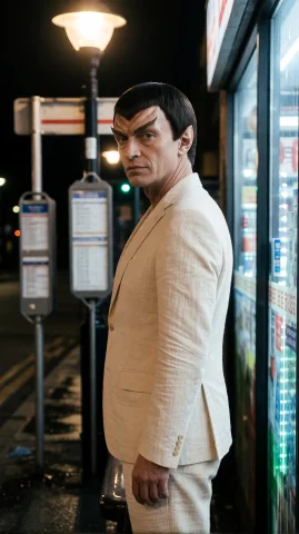 Stable Diffusion Alien Man Prompt — Stable Diffusion AI Prompt: rmlnml alien man, three-quarter from mid-thigh up, eye-level, standing at bus st...
