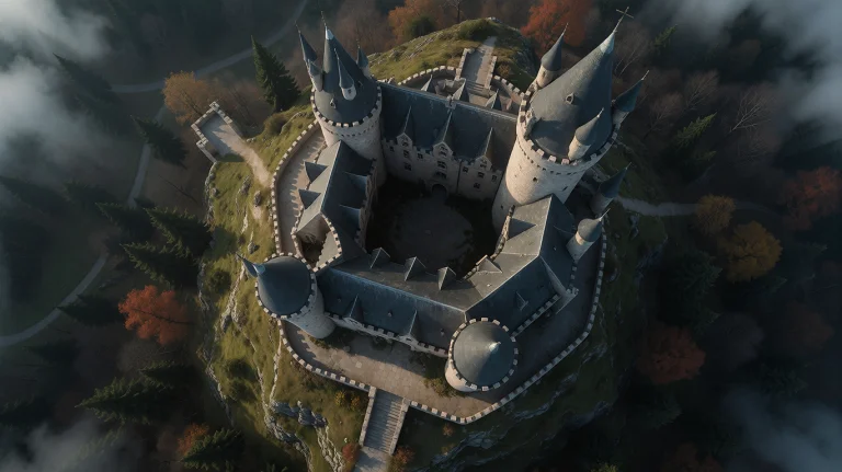 Aerial Topdown View. Detailed Image Of A Castle On A High Hi...