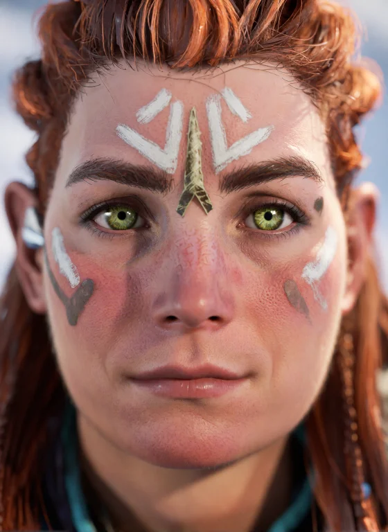 Digital Artwork Of Aloy With Red Hair And Green Eyes. Facial...
