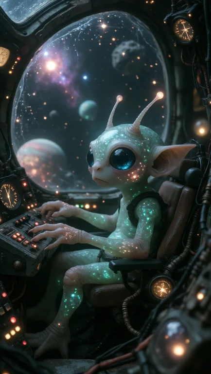 An Adorable Tiny Alien Piloting A Compact Retro-futuristic S...