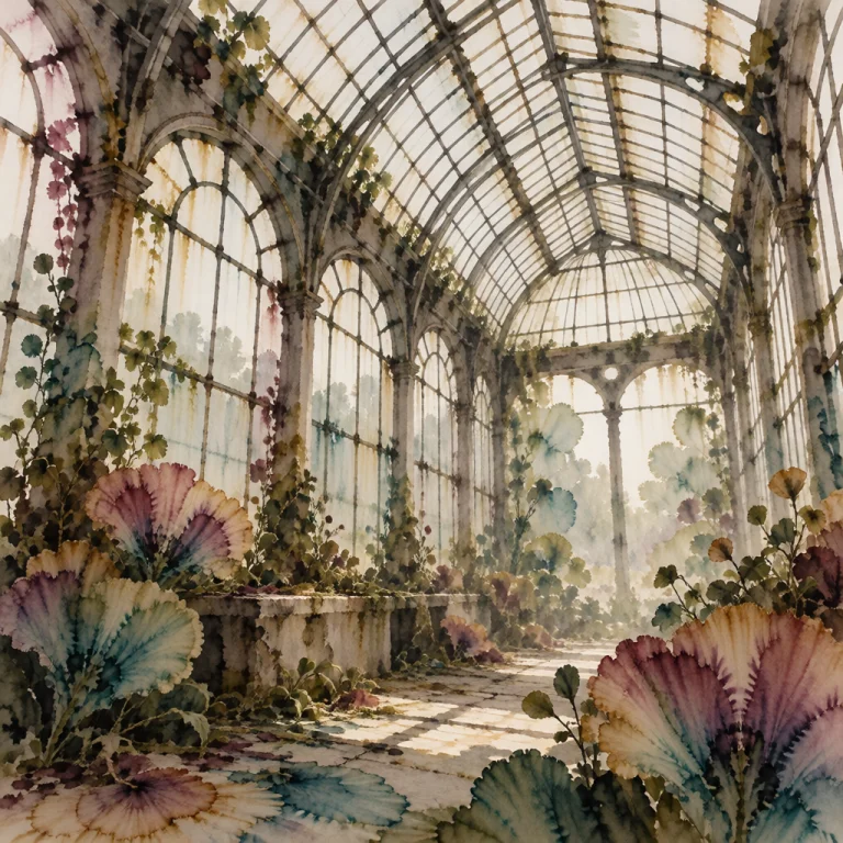 A Grand Abandoned Greenhouse, Its Arched Glass Roof And Crum...