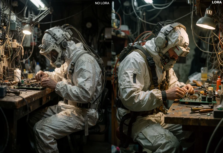 The Photograph Shows A Person Working In A Dimly Lit, Clutte...