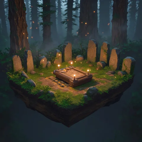 A Serene Isometric Diorama Depicts An Ancient Forest Clearin... — Stable Diffusion AI Prompt: A serene isometric diorama depicts an ancient forest clearing bathed in the soft...