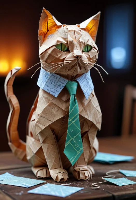 Cat Made Of Paper, Cat With Tie, Close Up, Textured Paper, O...