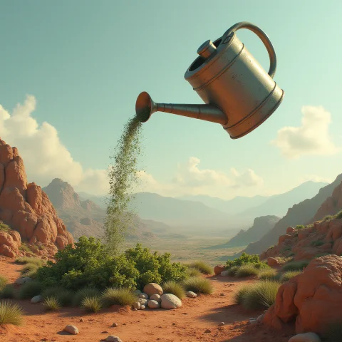 Create A Picture Of A Giant Watering Can Pouring A City-size... — Stable Diffusion AI Prompt: Create a picture of a giant watering can pouring a city-sized garden onto a barr...