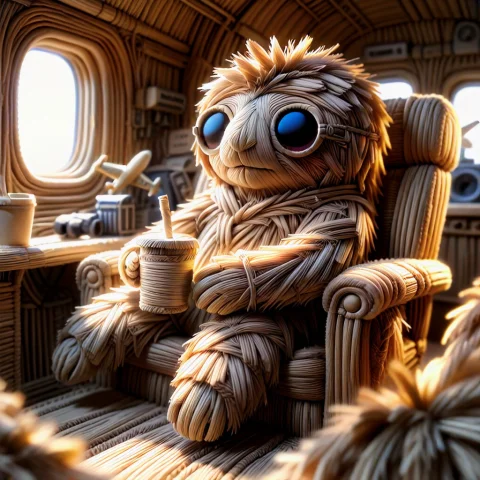 A Highly Detailed Straw Sculpture Of A Cute Sloth Sitting In... — SDXL AI Prompt: A highly detailed straw sculpture of a cute sloth sitting inside an airplane pas...