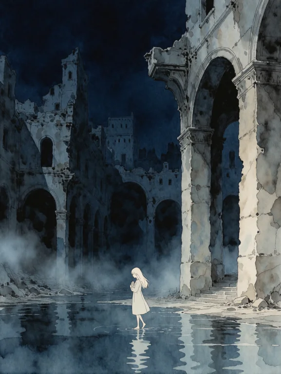 A Solitary Pale-haired Girl Walking Slowly Through An Enormo...