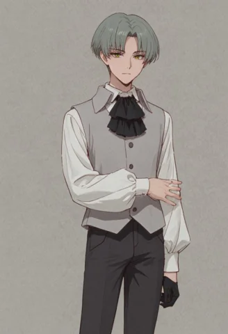 Enishida Meto Grey Hair Prompt — Stable Diffusion AI Prompt: Enishida Meto, grey hair, short hair, green eyes, ascot, gray vest, white shirt,...