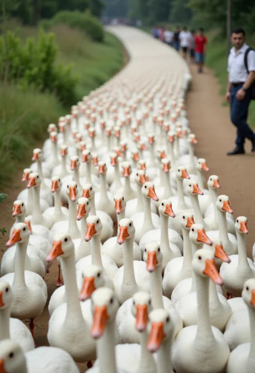 A Photograph Capturing A Massive Flock Of White Geese Walkin...