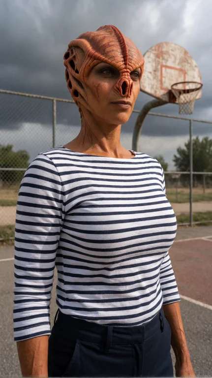 Tmrnfml Alien Woman, Chest-up, Eye-level, Standing Still, Ne...