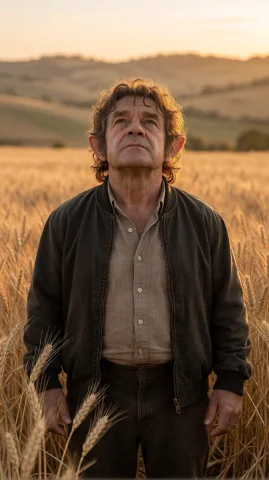 Stable Diffusion Halfling Sunset — Stable Diffusion AI Prompt: hbbt halfling man, chest-up, eye-level, standing in wheat field, gazing upward,...