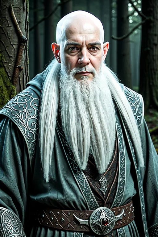 A Waist-up Portrait Of A Grey-haired Wizard With Long Beard,...