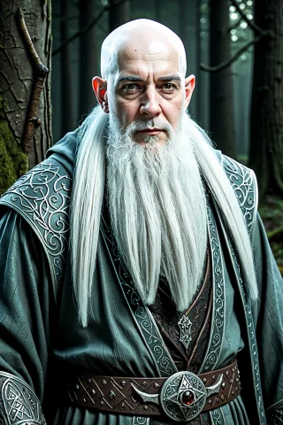 A Waist-up Portrait Of A Grey-haired Wizard With Long Beard,... — SDXL AI Prompt: A waist-up portrait of a grey-haired wizard with long beard, woodland fantasy se...
