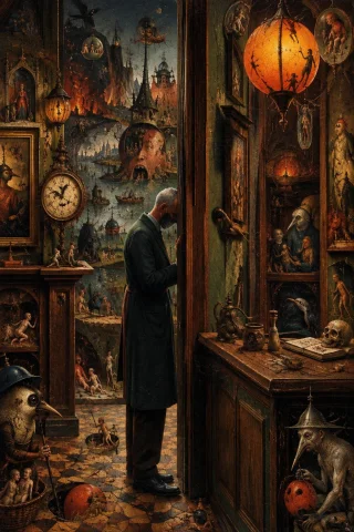 Oil Painting, Boschian, Gothic Atmosphere, Unsettling Mood,... — Stable Diffusion AI Prompt: oil painting, Boschian, Gothic atmosphere, unsettling mood, complex background s...