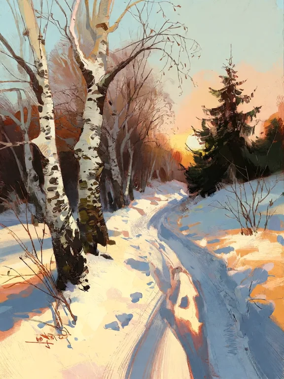 Bradhamel Art Style. A Serene Winter Landscape Painting Of A...