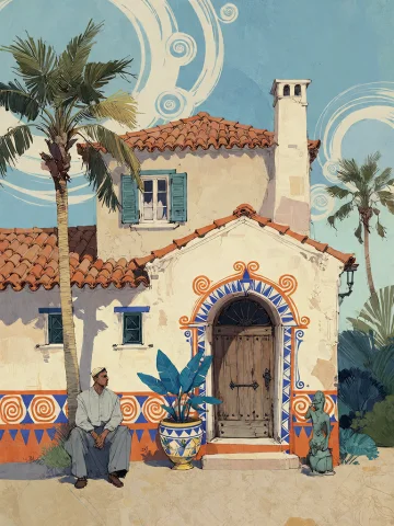 Mediterranean House Art — Stable Diffusion AI Prompt: Bradhamel art style. A vibrant, stylized illustration of a two-story Mediterrane...