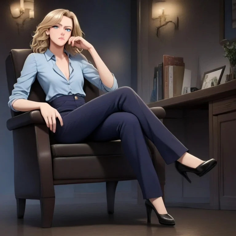 1girl, Hallogamelaur, Blonde Hair, Blue Collared Shirt, Pant...