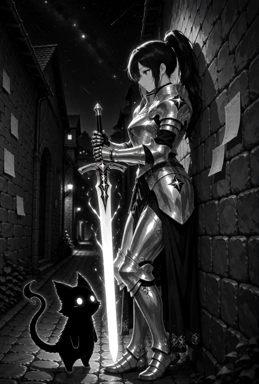 A Female Knight With Long Black Hair Tied In A High Ponytail...