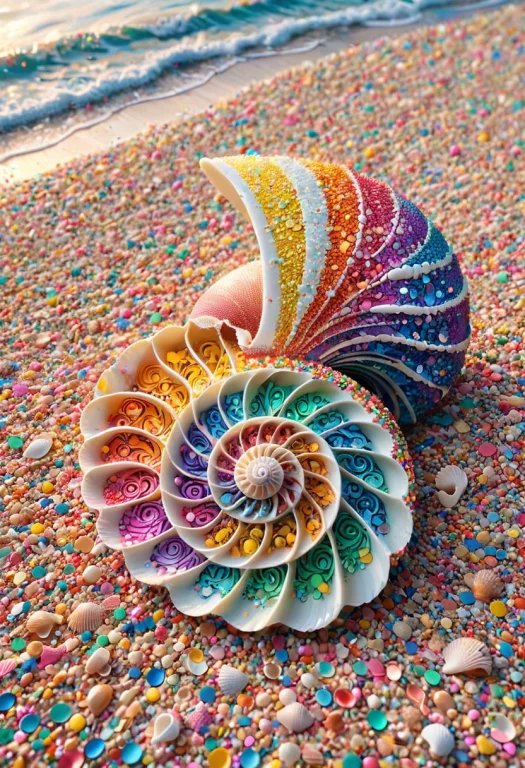 Conf3tti, Rainbow Ornate Seashell, Nautilus, Sunset, Beach,...
