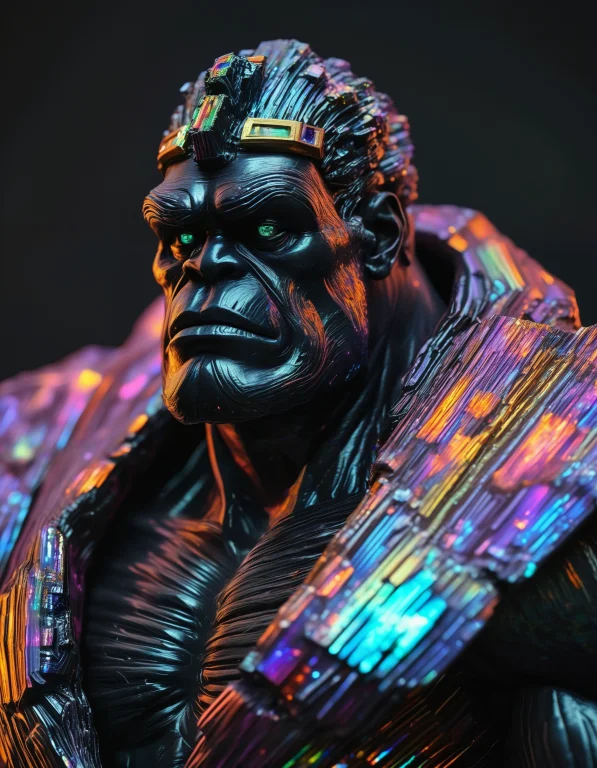 Holographic Bismuth Crystal Hulk, Wearing Black Oil Slick Ro...