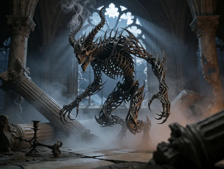 Glossy Obsidian Filigree Horns Spiral Upward From The Skull...