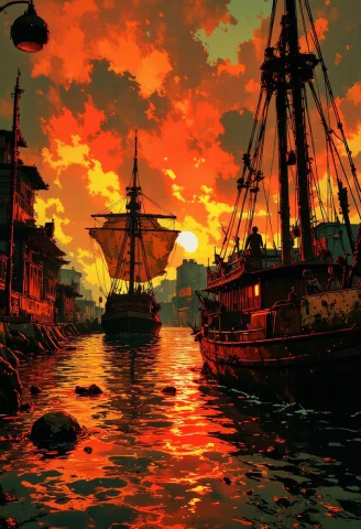 Nistyle, Inksketch Of A Chinese Junk Sailing Into A South-ea... — FLUX AI Prompt: nistyle, inksketch of a Chinese Junk sailing into a south-east asian medieval ha...